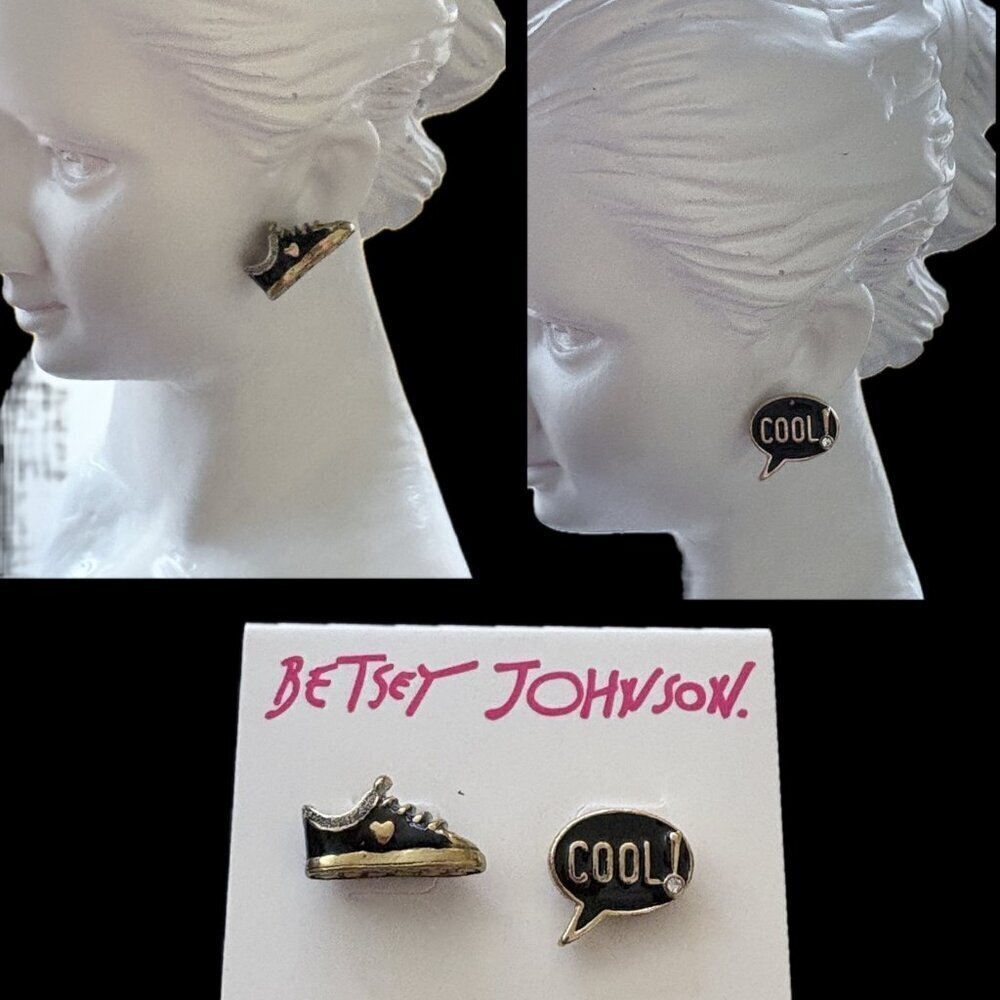 Betsey Johnson Black Casual Sneaker & Speech Bubble Cool Word Stud Earrings